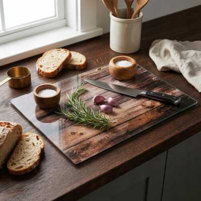 Obrázek pro Skleněná obdélníková krájecí deska 30 x 40 cm – s dřevěným designem