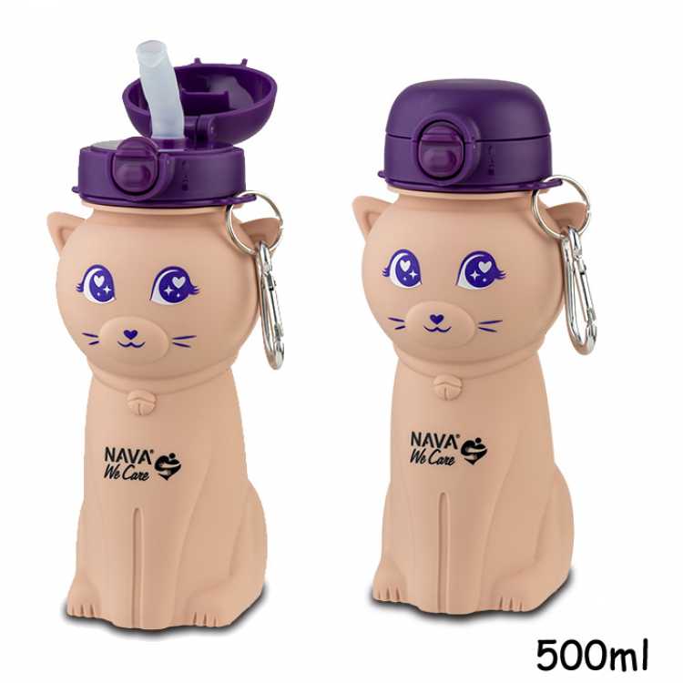 Obrázek pro NAVA láhev pro děti silikonová 500 ml kotě s brčkem růžová