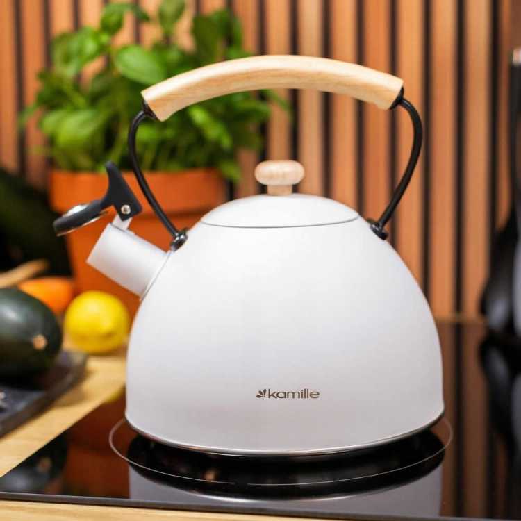 Obrázek pro Čajník nerezový 2,5 l bílý s dřevěnou rukojetí