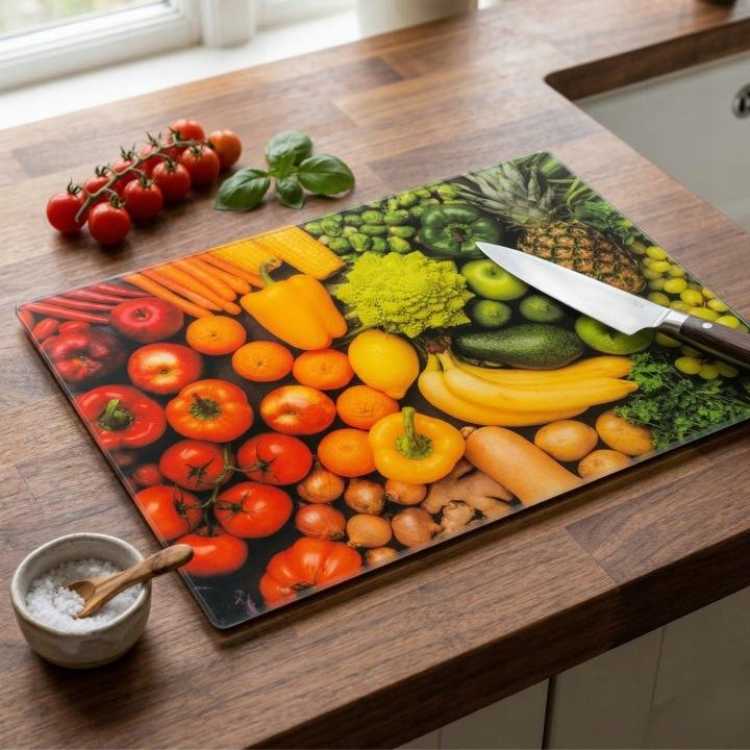 Obrázek pro Skleněná krájecí deska 25 x 35 cm – ovoce a zelenina