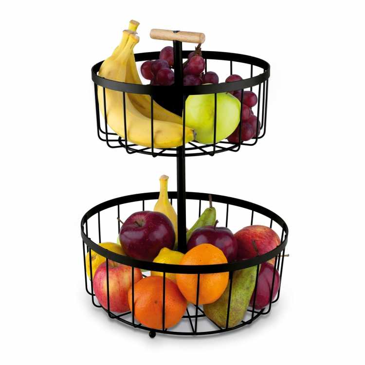 Obrázek pro Kulatý dvoupatrový košík na ovoce s dřevěnou rukojetí 38 × 29 cm